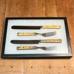 Vintage Antique American Table Knife & Fork Sets LF&C Cast Pewter & Bone In Shadow Box