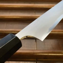 Hitohira Togashi 240mm Sujihiki Kasumi Stainless Clad Shirogami 1 Ebony Handle Black Horn