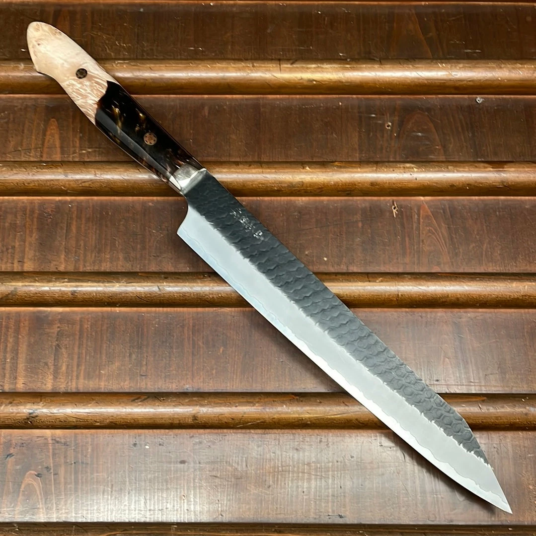 H&K Nigara Hamono 255mm Kiritsuke Sujihiki SG2 Kurouchi Tsuchime Stabilized Maple Burl Western Handle