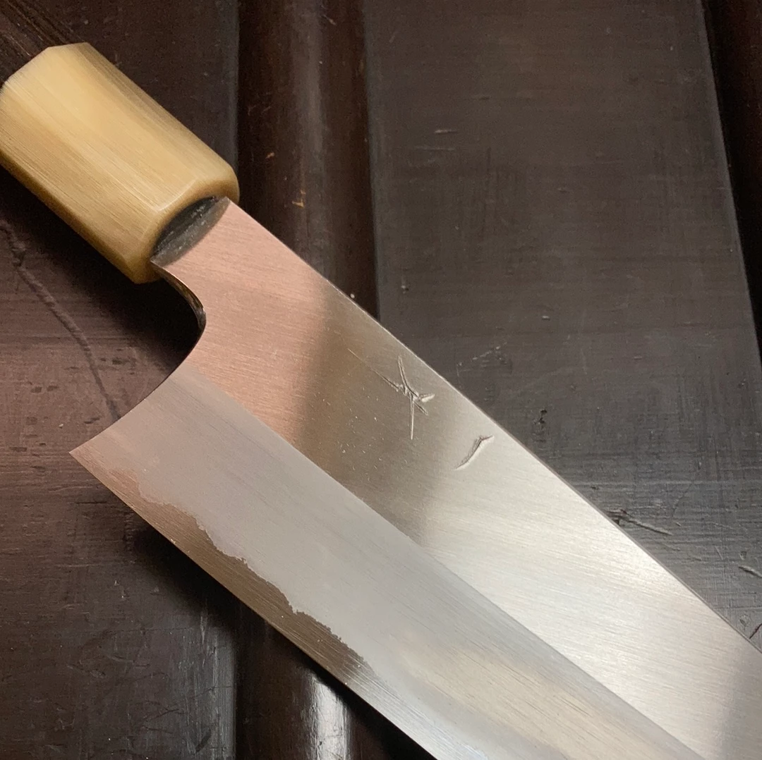 Hitohira Togashi 210mm Gyuto Stainless Clad Shirogami 1 Taihei Macasser Ebony & Horn