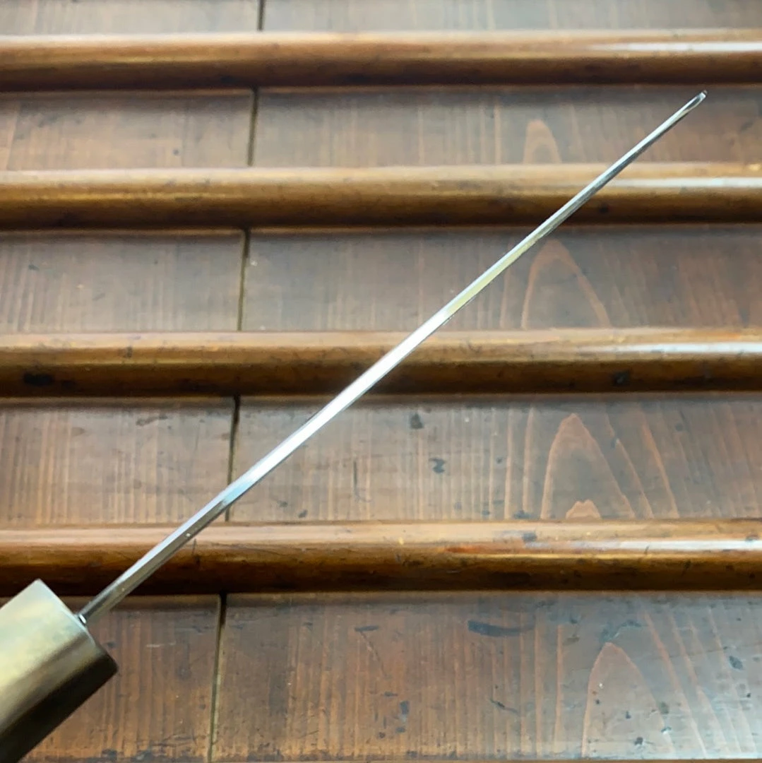 Hitohira Togashi 180mm Santoku Kasumi Stainless Clad Shirogami 1 Ebony Blonde Handle