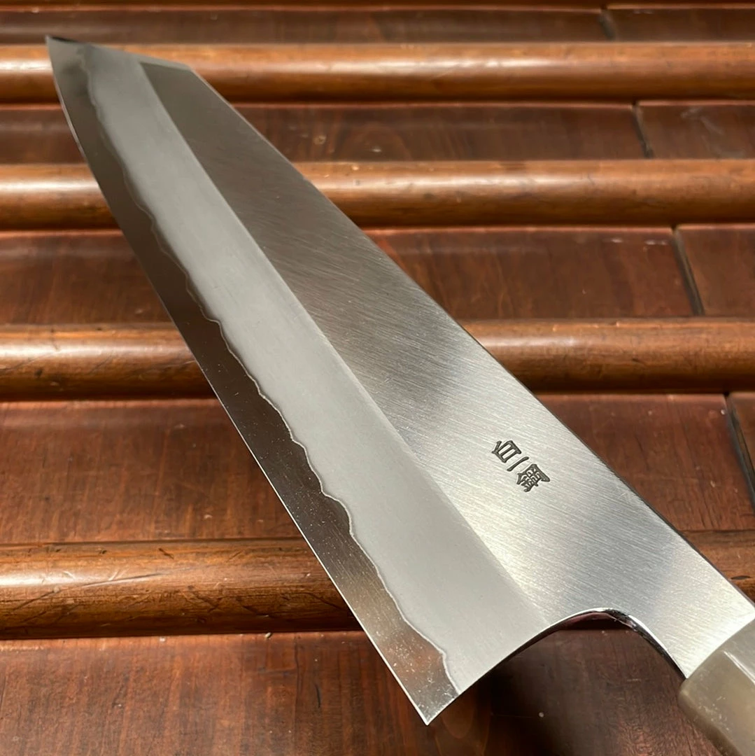 Hitohira Togashi 240mm Kiritsuke Gyuto Stainless Clad Shirogami 1 Taihei Macasser Ebony & Horn