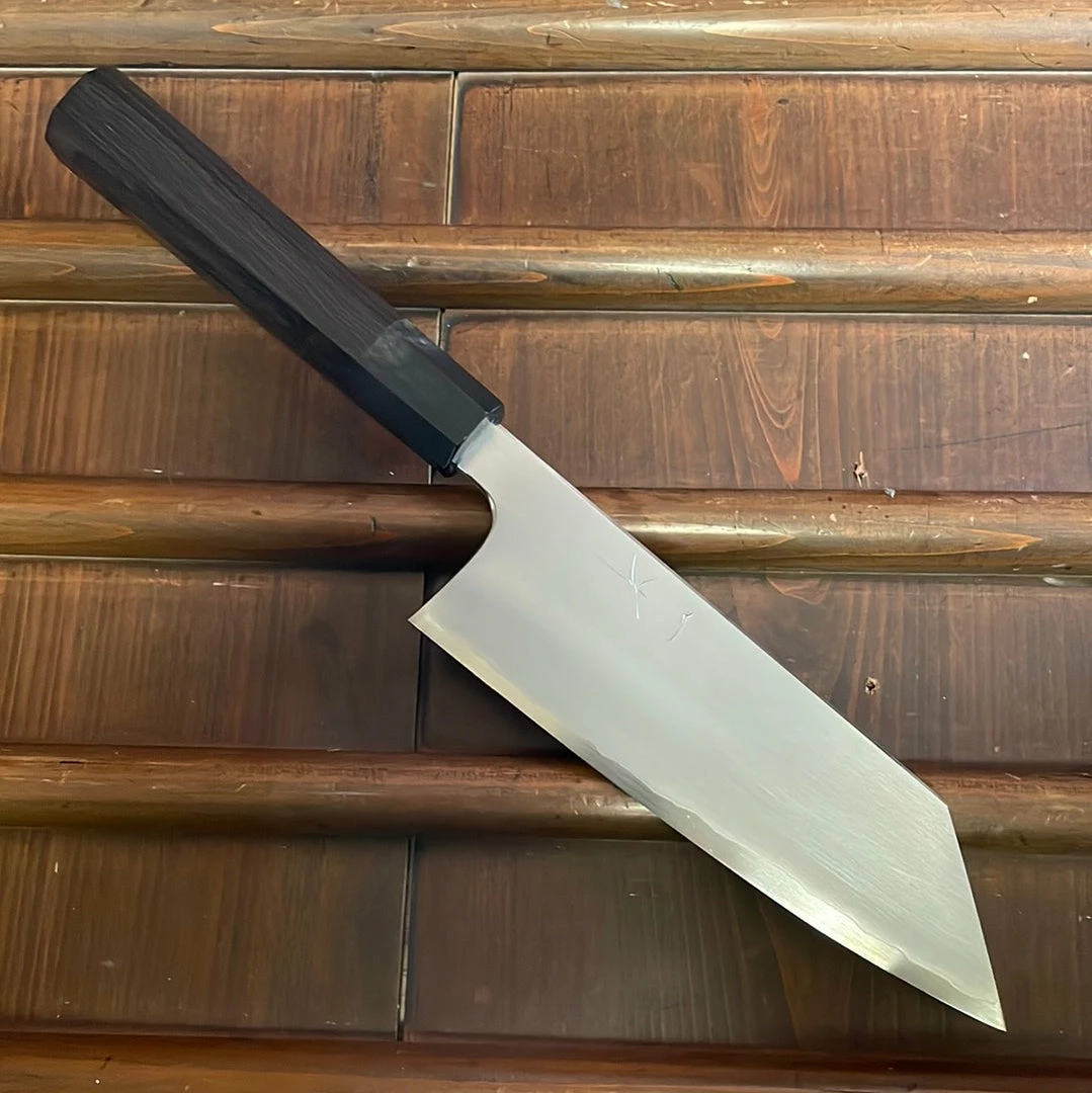 Hitohira Togashi 180mm Bunka Kasumi Stainless Clad Shirogami 1 Ebony Handle
