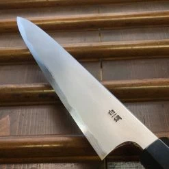 Hitohira Togashi 240mm Sujihiki Kasumi Stainless Clad Shirogami 1 Ebony Handle Black Horn