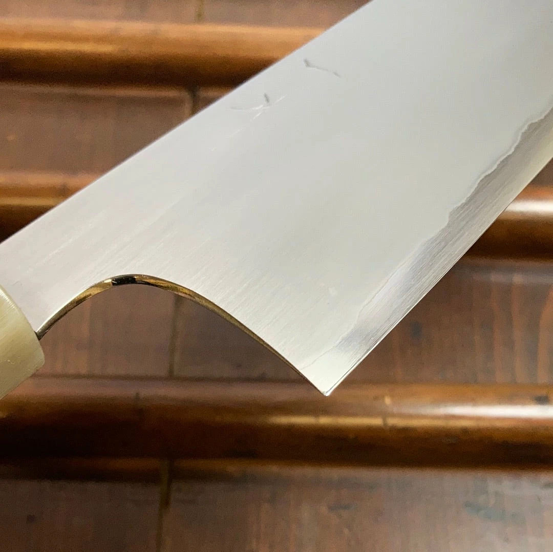 Hitohira Togashi 240mm Kiritsuke Gyuto Kasumi Stainless Clad Shirogami 1 Ebony Handle BLONDE Ferrule