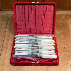 Vintage Table | Steak Landers Frary & Clark Set Of 12 Luncheon Knives Silverplate Carbon MOP In Box