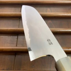 Hitohira Togashi 180mm Santoku Kasumi Stainless Clad Shirogami 1 Ebony Blonde Handle
