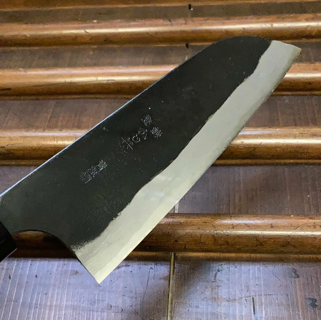 Nakajo Kaji-bei 165mm Santoku Iron Clad Aogami 2 Suminagashi Kurouchi Buffalo Horn Ring