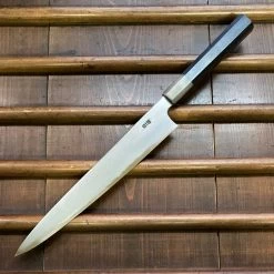 Hitohira Togashi 270mm Sujihiki Kasumi Stainless Clad Shirogami 1 Ebony Handle Blonde Horn