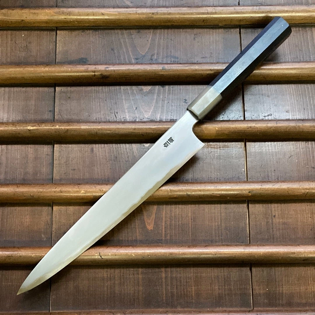 Hitohira Togashi 270mm Sujihiki Kasumi Stainless Clad Shirogami 1 Ebony Handle Blonde Horn