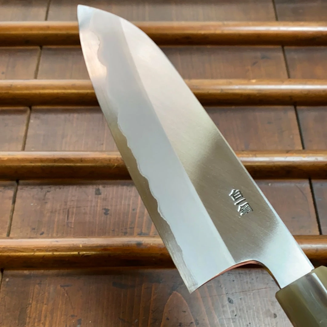 Hitohira Togashi 180mm Santoku Stainless Clad Shirogami 1 Ziricote Blonde Handle