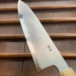 Hitohira Togashi 210mm Gyuto Kasumi Stainless Clad Shirogami 1 Ebony Blonde Handle