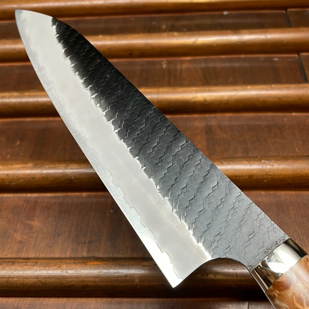 H&K Nigara Hamono 210mm Gyuto SG2 Kurouchi Tsuchime Stabilized Maple Burl Western Handle