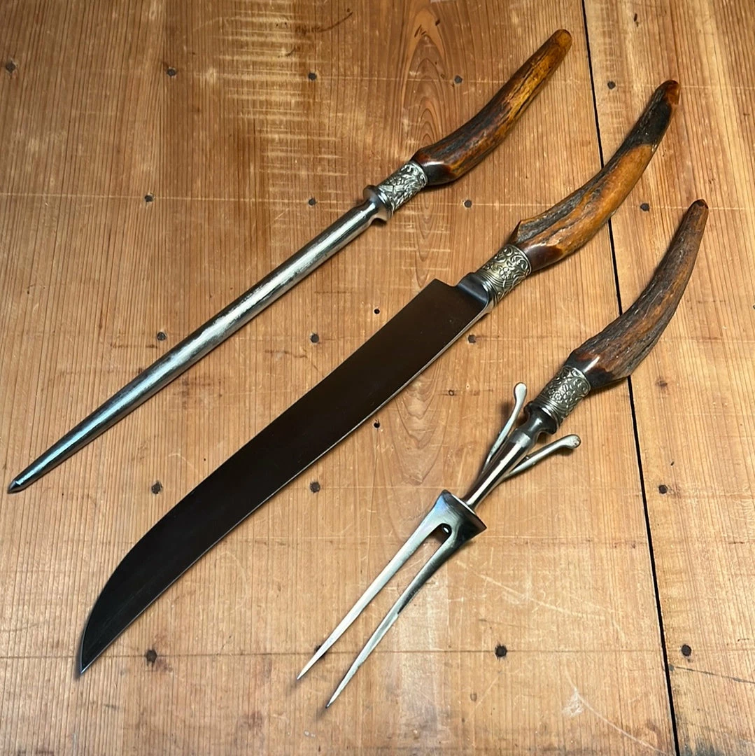 Vintage George Cowen 3 Pc Carving Set Carbon Steel Sheffield Stag Tip ~1890's-1910ish? Used Vintage