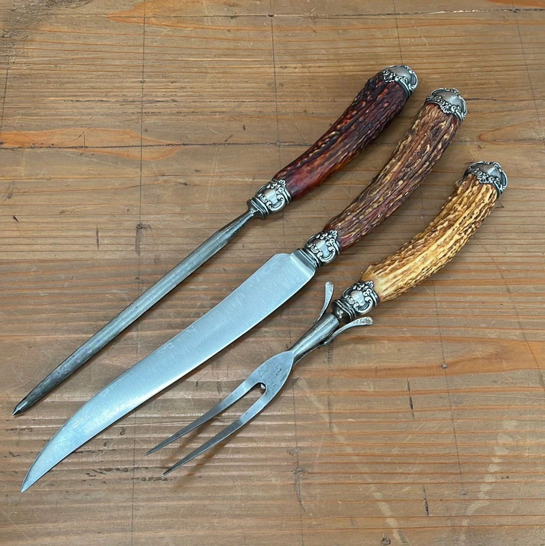 Vintage Used Vintage Landers Frary & Clark Aetna Works Carving Set Carbon Steel Sterling Stag ~1880's-1910's