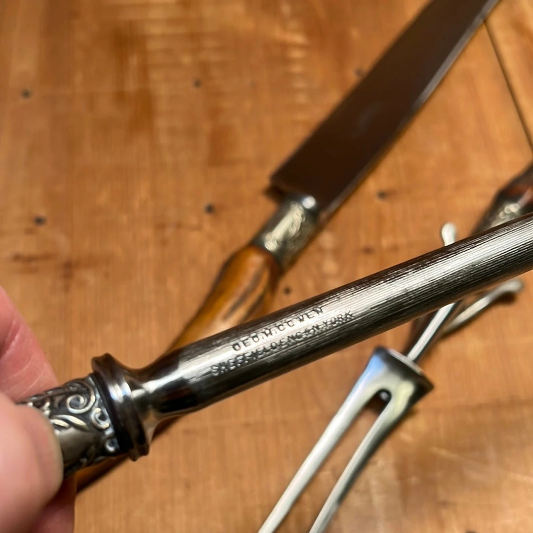 Vintage George Cowen 3 Pc Carving Set Carbon Steel Sheffield Stag Tip ~1890's-1910ish? Used Vintage