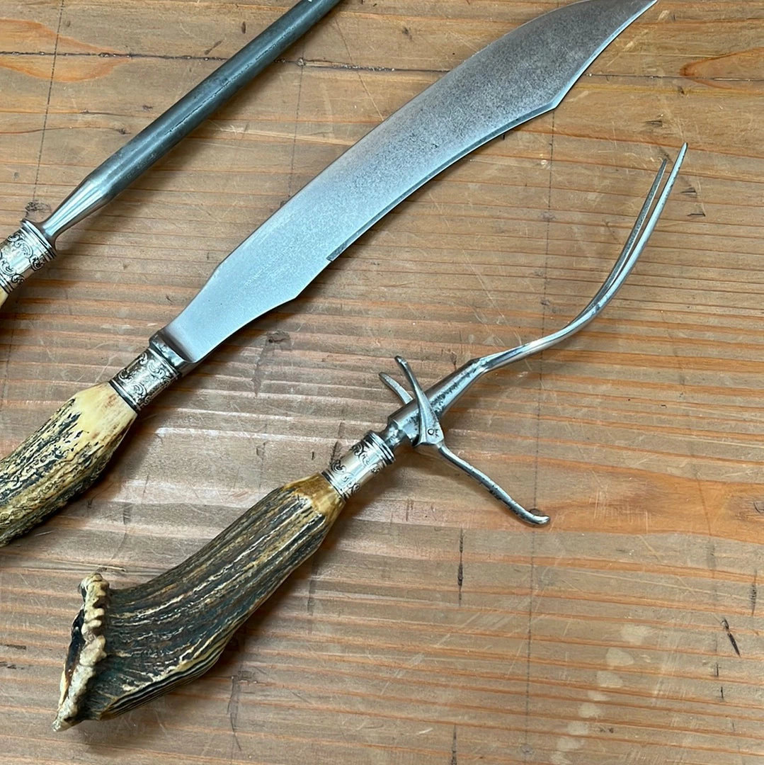 Vintage Used Vintage Meriden Cutlery Co Carving Set Carbon Steel Crown Stag 1918-1925