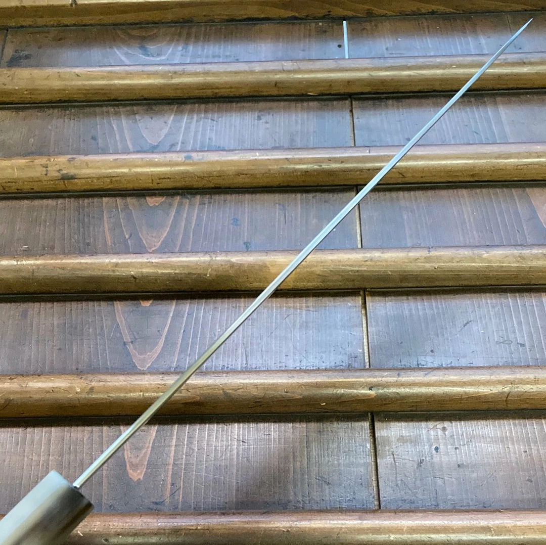 Hitohira Togashi 270mm Sujihiki Kasumi Stainless Clad Shirogami 1 Ebony Handle Blonde Horn