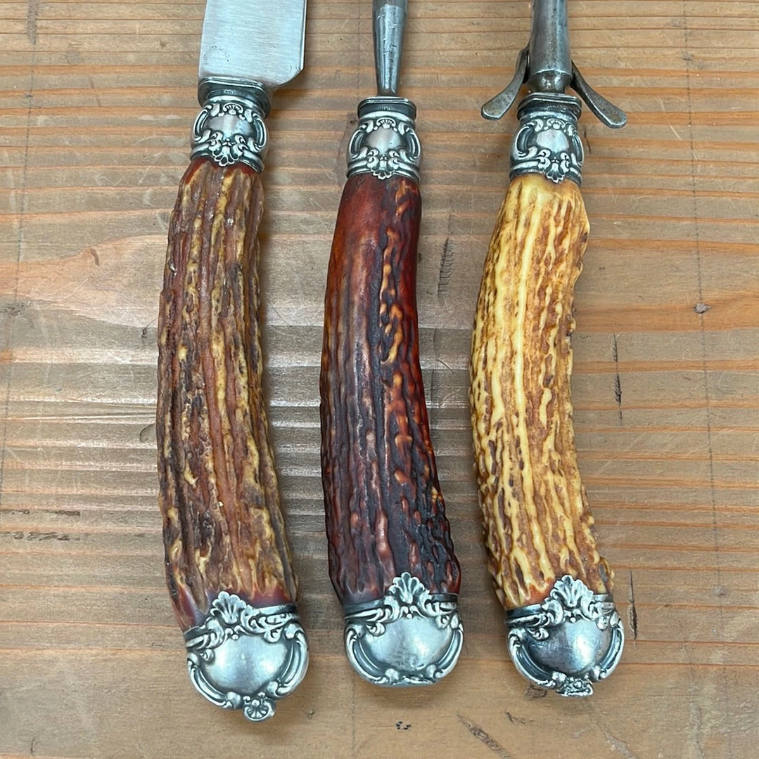 Vintage Used Vintage Landers Frary & Clark Aetna Works Carving Set Carbon Steel Sterling Stag ~1880's-1910's