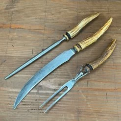 Vintage Hibbard Spencer & Bartlett Carving Set Carbon Steel Alligator Stag Late 19th C