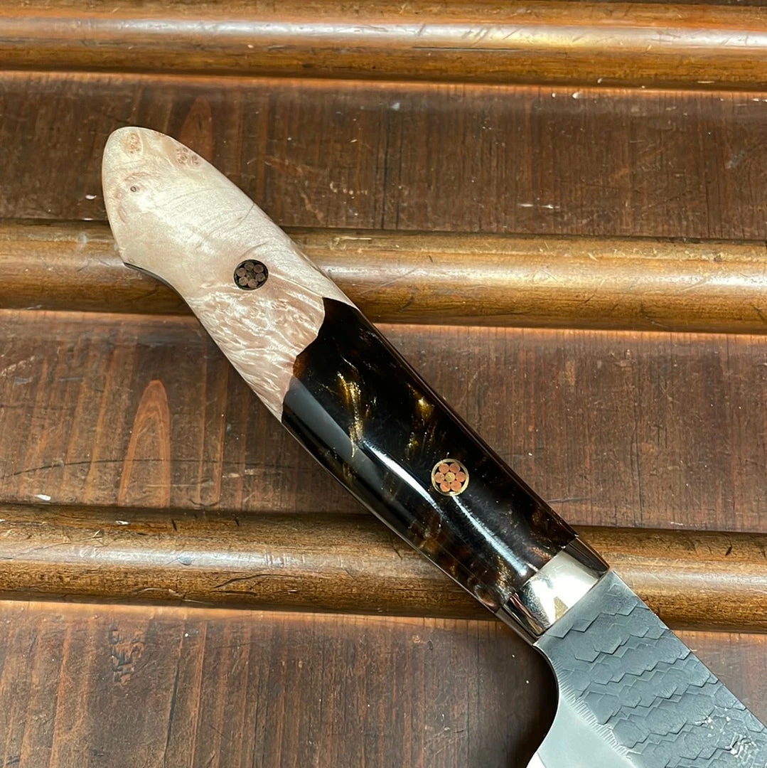 H&K Nigara Hamono 255mm Kiritsuke Sujihiki SG2 Kurouchi Tsuchime Stabilized Maple Burl Western Handle