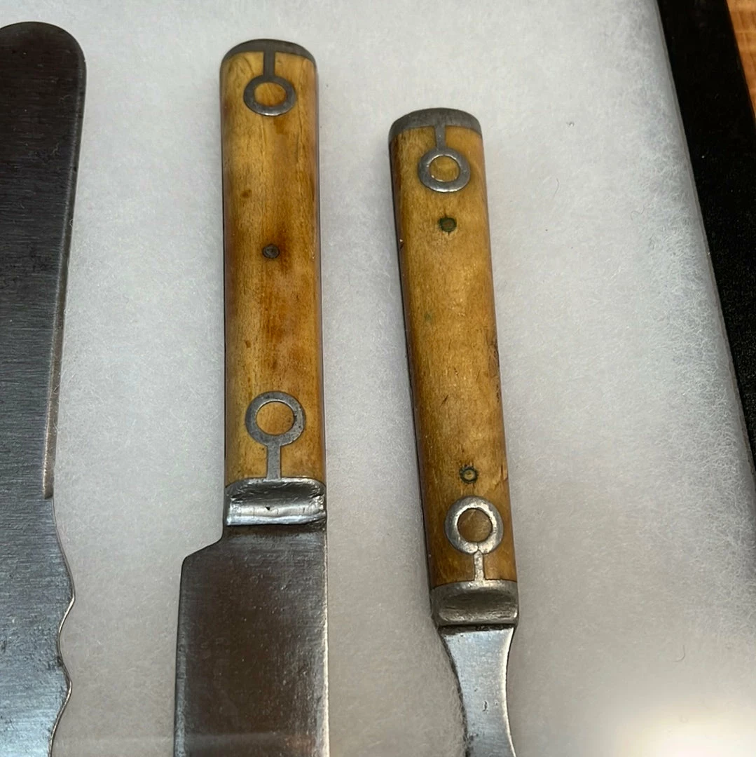 Vintage Antique American Tableware Meridan & Unmarked Pewter & Bone In Shadow Box 19th C