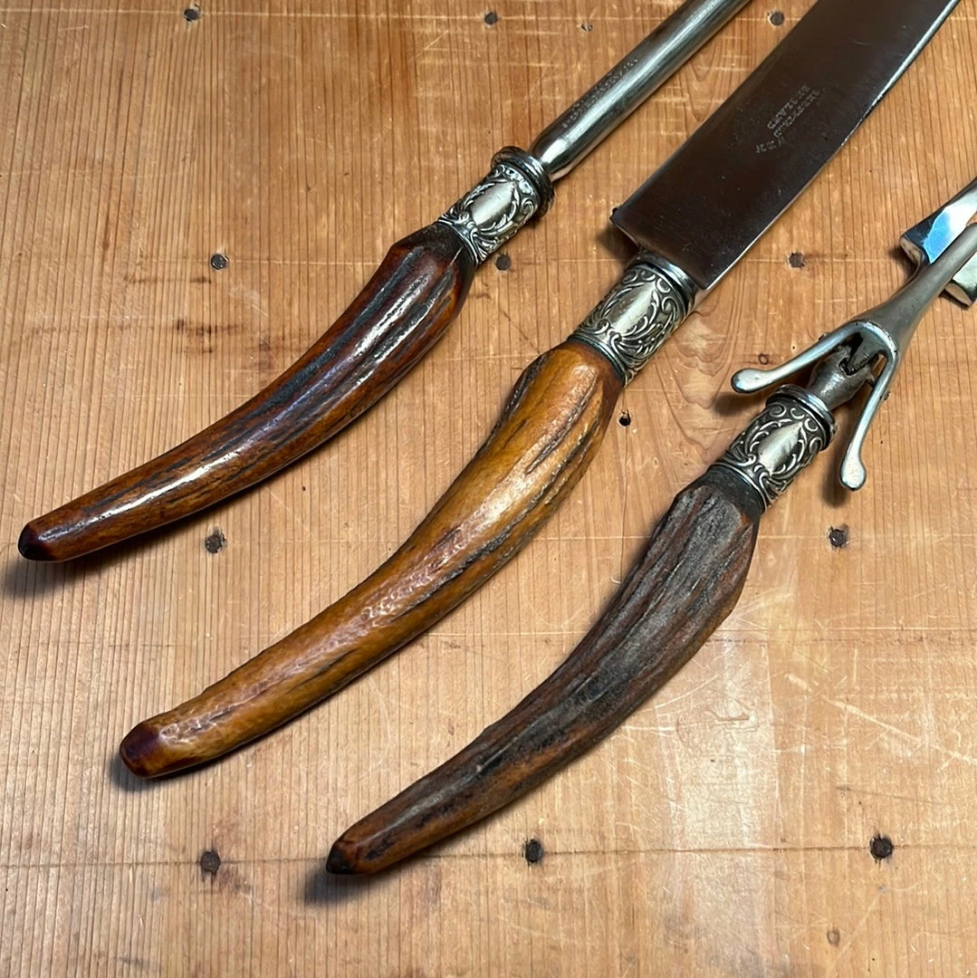 Vintage George Cowen 3 Pc Carving Set Carbon Steel Sheffield Stag Tip ~1890's-1910ish? Used Vintage