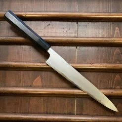 Hitohira Togashi 240mm Sujihiki Kasumi Stainless Clad Shirogami 1 Ebony Handle Black Horn