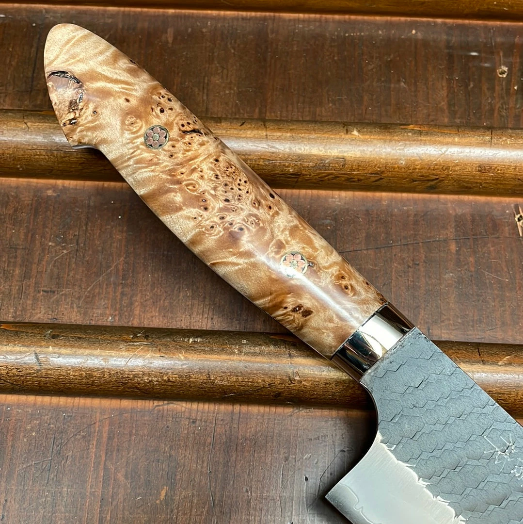 H&K Nigara Hamono 210mm Gyuto SG2 Kurouchi Tsuchime Stabilized Maple Burl Western Handle