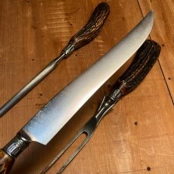 Vintage American Carving Set Carbon Steel Sterling Ferrules Stag ~1880's-1920's Used Vintage