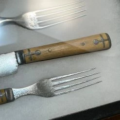 Vintage Antique American Table Knife & Fork Sets LF&C Cast Pewter & Bone In Shadow Box