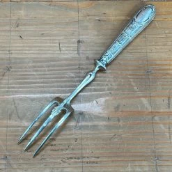 Vintage French Carving 3 Tined Fork Carbon Steel Silver Handle