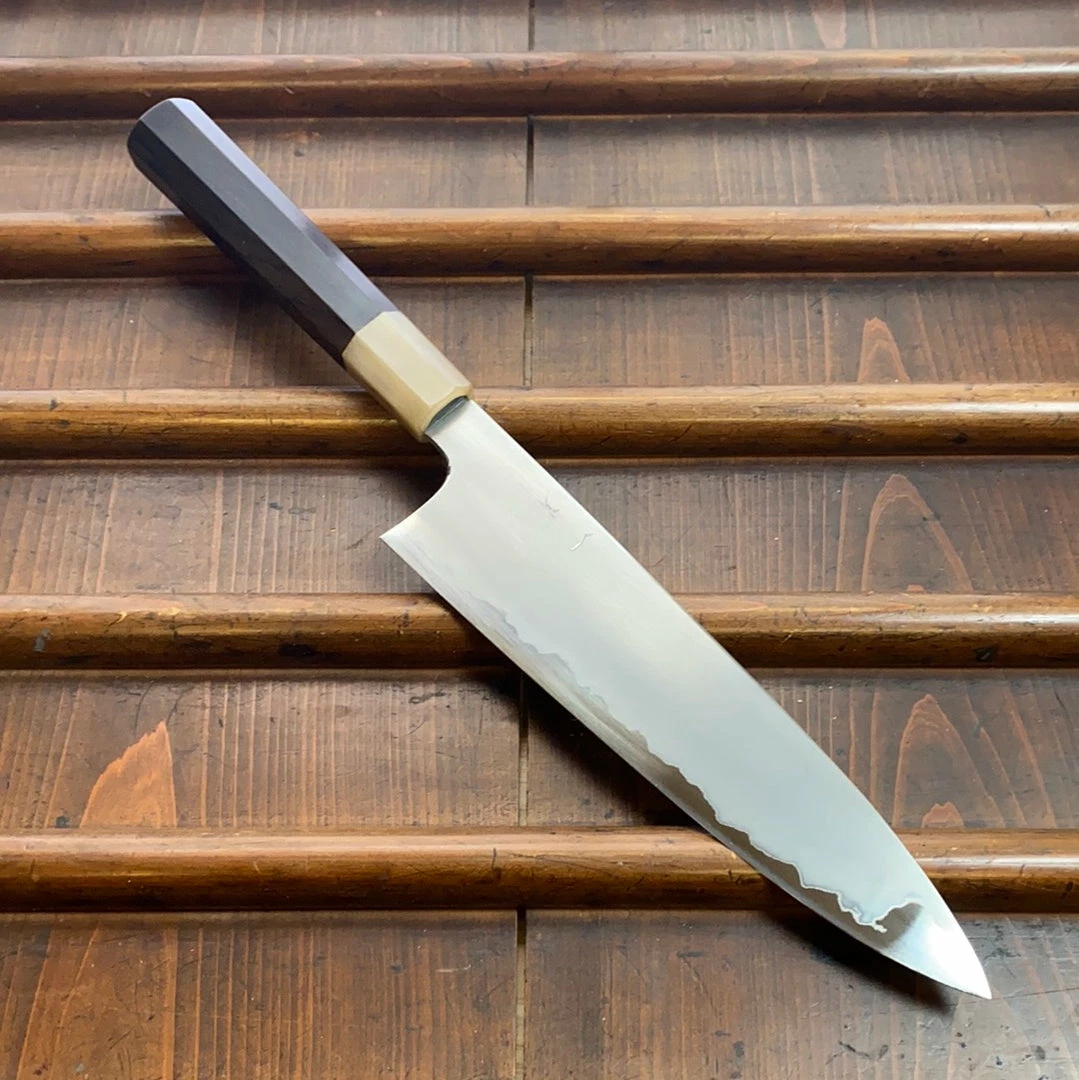 Hitohira Togashi 210mm Gyuto Kasumi Stainless Clad Shirogami 1 Ebony Blonde Handle