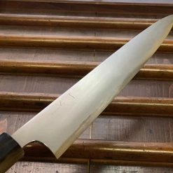 Hitohira Togashi 240mm Sujihiki Kasumi Stainless Clad Shirogami 1 Ebony Handle Horn