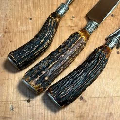 Vintage American Carving Set Carbon Steel Sterling Ferrules Stag ~1880's-1920's Used Vintage