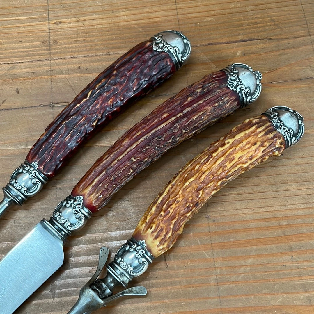 Vintage Used Vintage Landers Frary & Clark Aetna Works Carving Set Carbon Steel Sterling Stag ~1880's-1910's