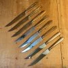 Bernal Cutlery Eichenlaub Steak Knife Set 8 Forged Stainless & Butterscotch Solingen Germany~1950's 60's W Box Table | Steak