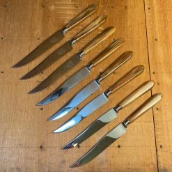 Bernal Cutlery Eichenlaub Steak Knife Set 8 Forged Stainless & Butterscotch Solingen Germany~1950's 60's W Box Table | Steak
