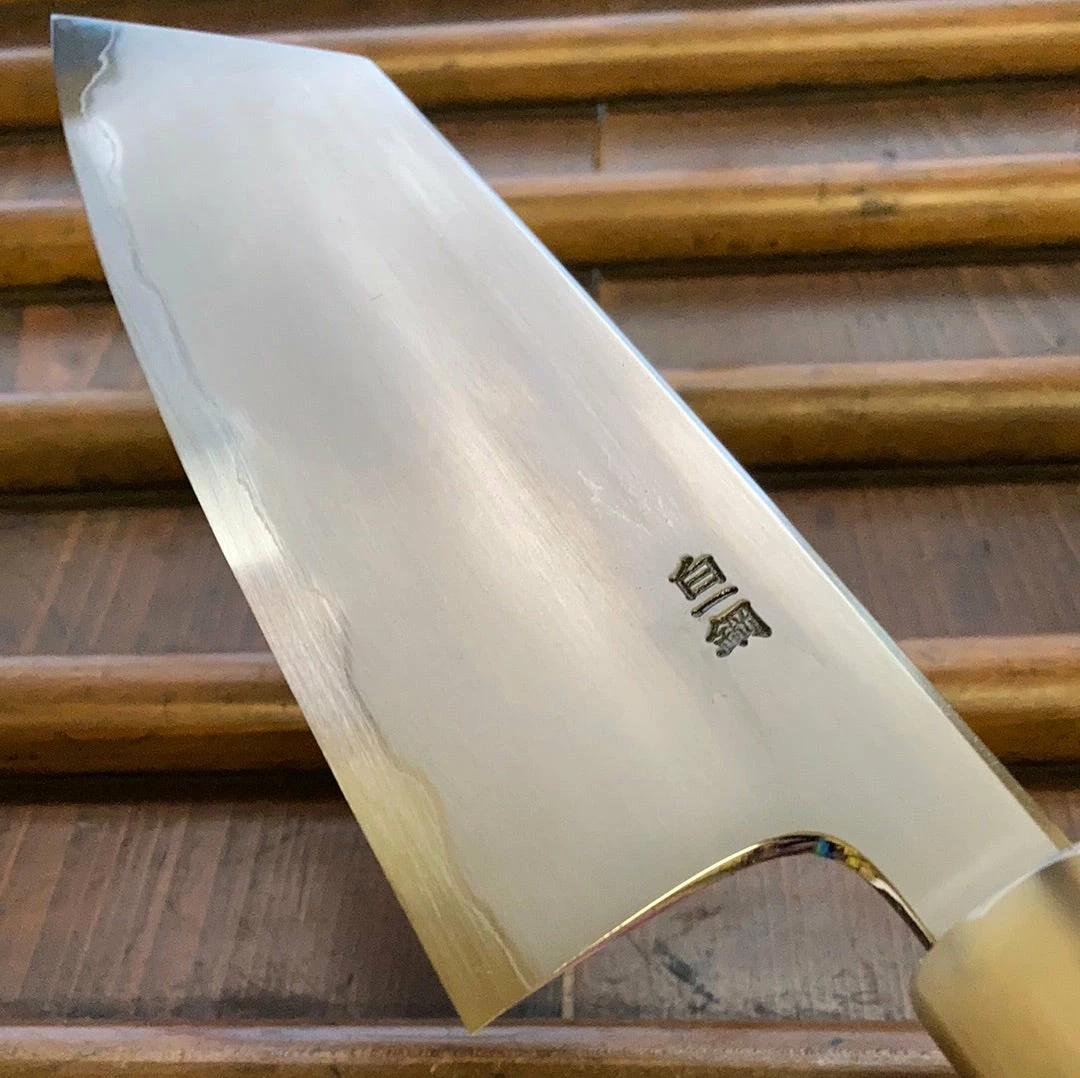 Hitohira Togashi 180mm Bunka Kasumi Stainless Clad Shirogami 1 Ebony Handle