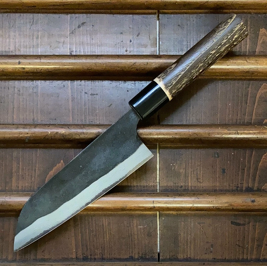 Nakajo Kaji-bei 165mm Santoku Iron Clad Aogami 2 Suminagashi Kurouchi Buffalo Horn Ring