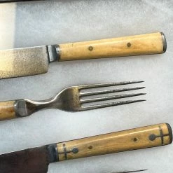 Vintage Antique American Table Knife & Fork Sets LF&C Cast Pewter & Bone In Shadow Box