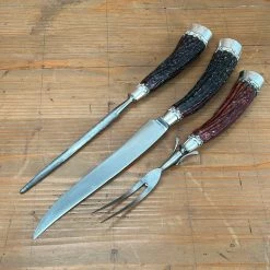 Vintage #2 Landers Frary & Clark Aetna Works Carving Set Carbon Steel Large Sterling Ferrules Stag ~1880's-1910's Used Vintage