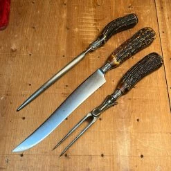 Vintage American Carving Set Carbon Steel Sterling Ferrules Stag ~1880's-1920's Used Vintage