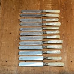 Vintage Table | Steak Landers Frary & Clark Set Of 12 Luncheon Knives Silverplate Carbon MOP In Box