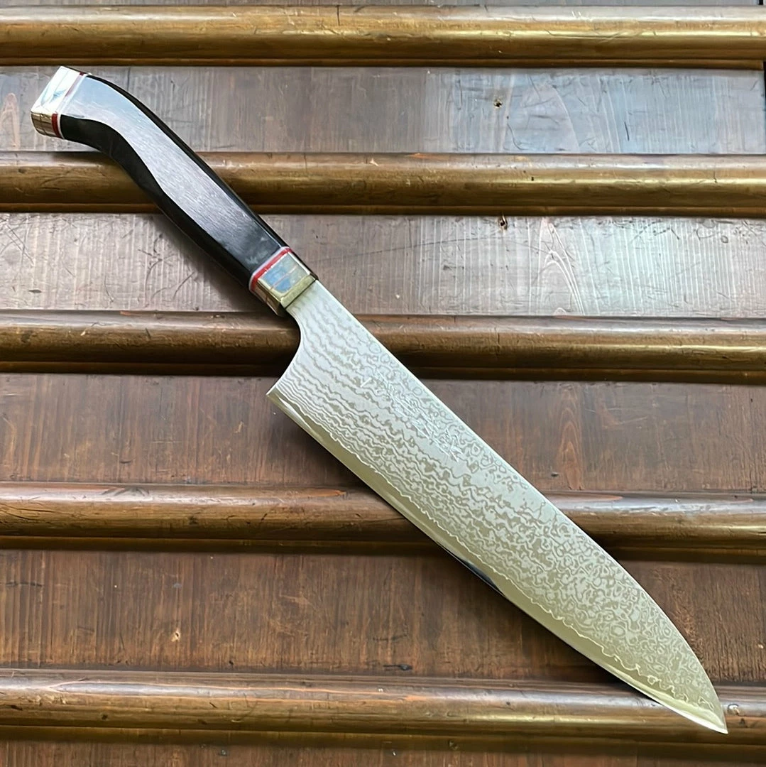 Hitohira Imojiya TH 210mm Gyuto VG10 Damascus Fusion Ebony Handle